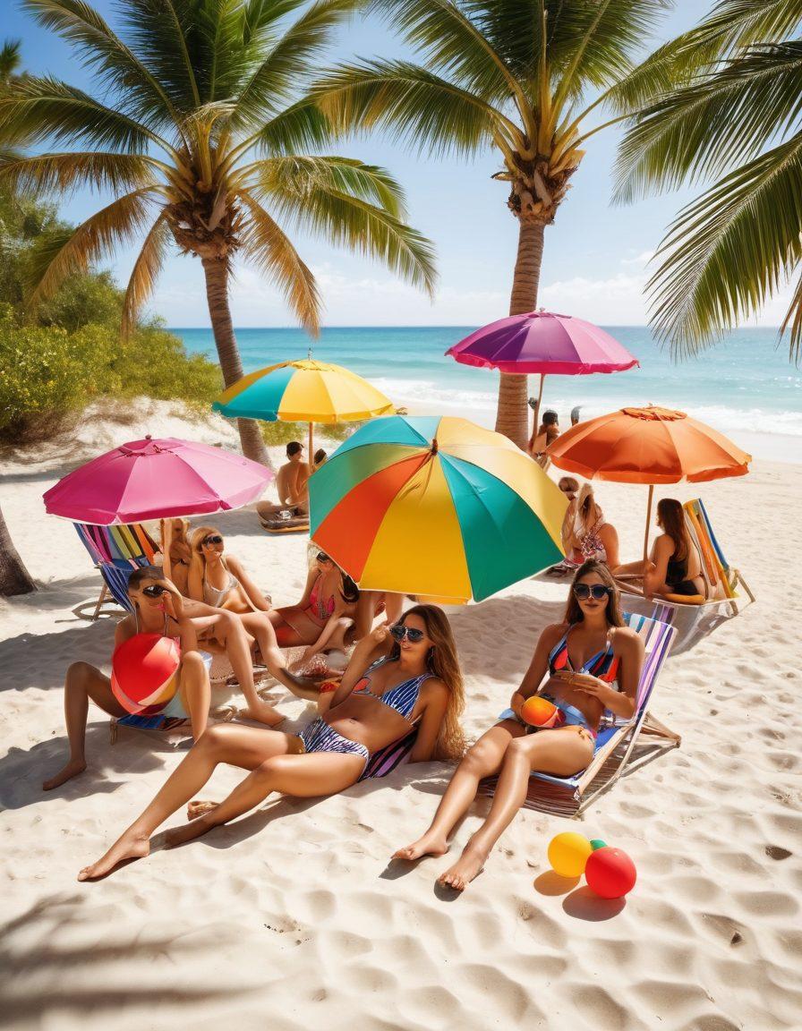 A vibrant summer scene featuring a group of young, stylish individuals wearing trendy beach attire. They are lounging under colorful umbrellas with tropical drinks in hand, surrounded by palm trees and beach balls. The atmosphere is lively and fun, showcasing a mix of fashion forward swimsuits, sunglasses, and casual summer accessories. Bright sunlight streaming down, casting playful shadows and enhancing the cheerful vibe. super-realistic. vibrant colors.