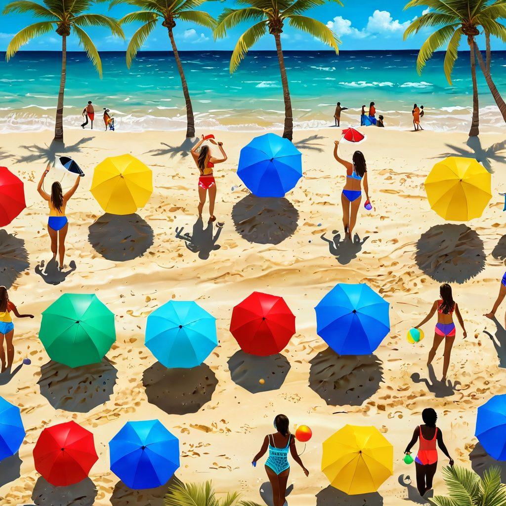 A bright, lively beach scene featuring young people enjoying summer in vibrant beachwear. Include colorful swimsuits, trendy sunglasses, and playful accessories like beach hats and flip-flops, with a backdrop of golden sand and sparkling blue water. Add elements like beach balls, umbrellas, and palm trees to create a lively atmosphere. The overall mood should be fun and carefree, embodying the joy of summer. super-realistic. vibrant colors. bright background.
